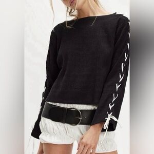 We The Free Black Lace-Up Sleeve Top NWT